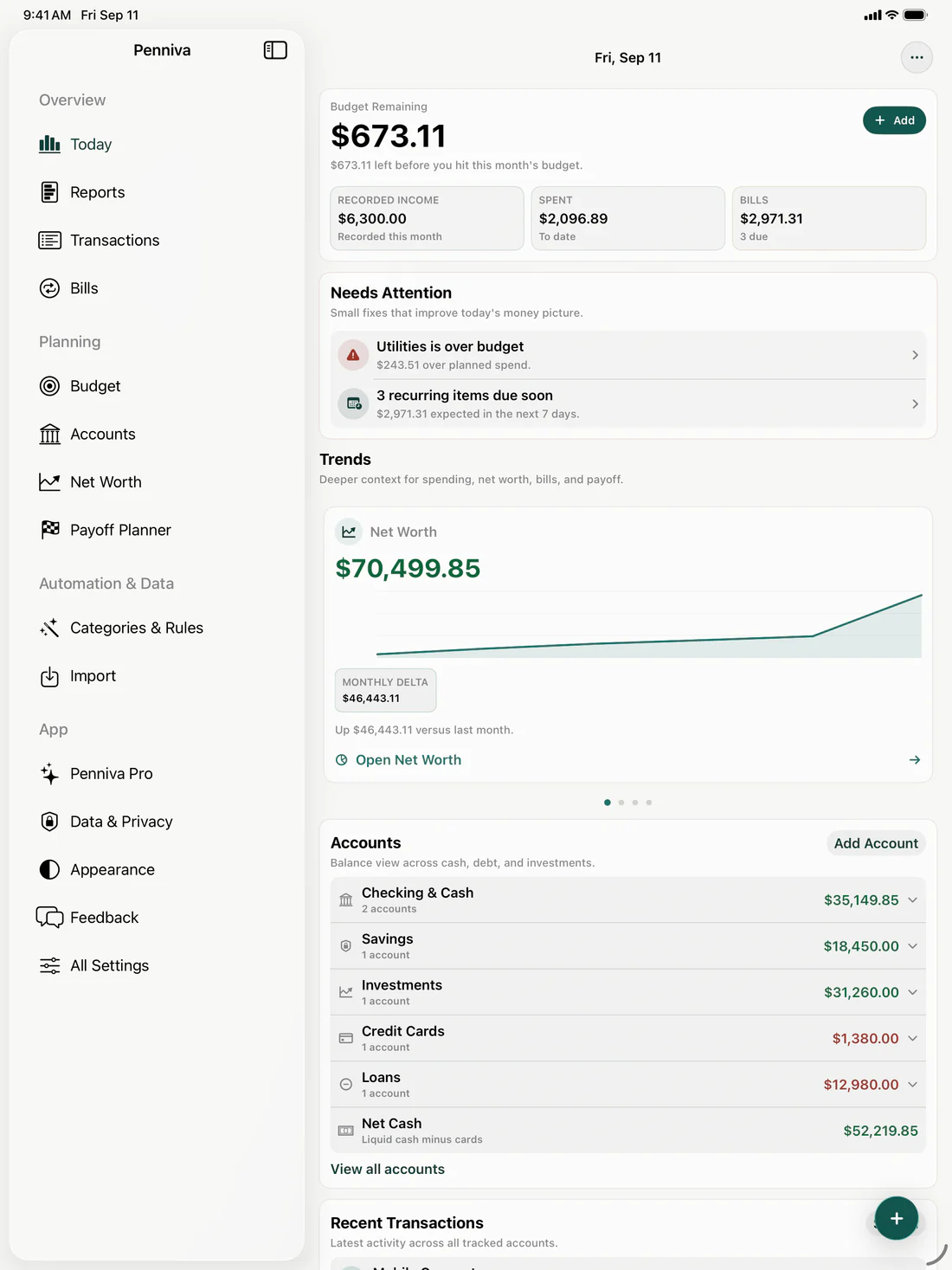 Penniva Today with budget remaining, recorded income, spending and upcoming bills using sample data