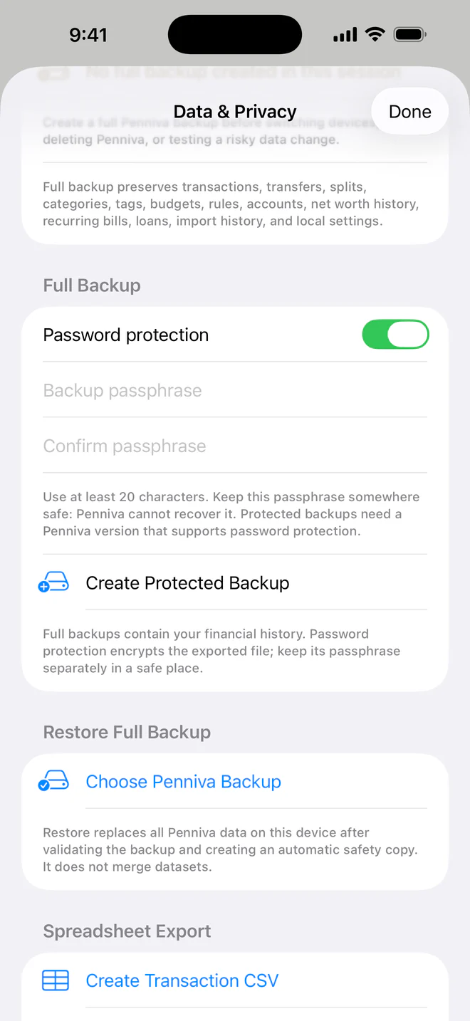 Penniva Data & Privacy with password-protected backup, restore and CSV export options