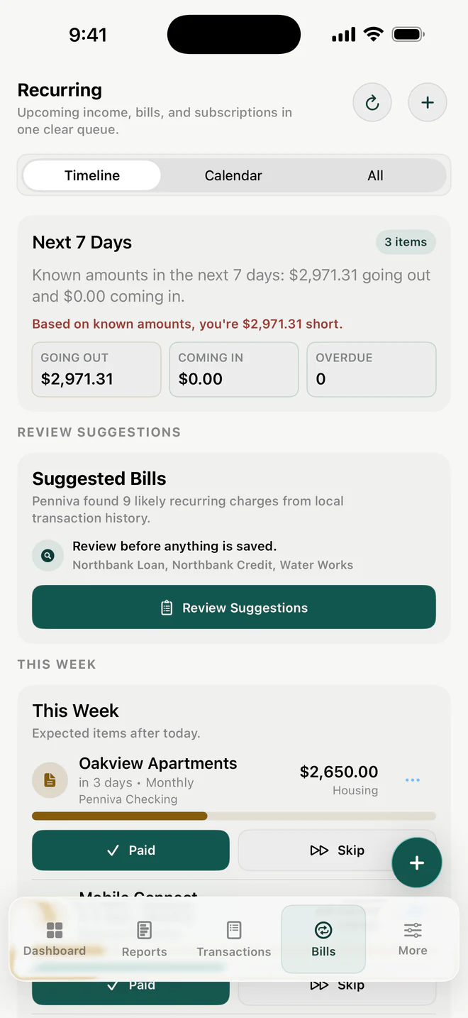 Penniva recurring timeline showing upcoming bills and subscriptions using sample data