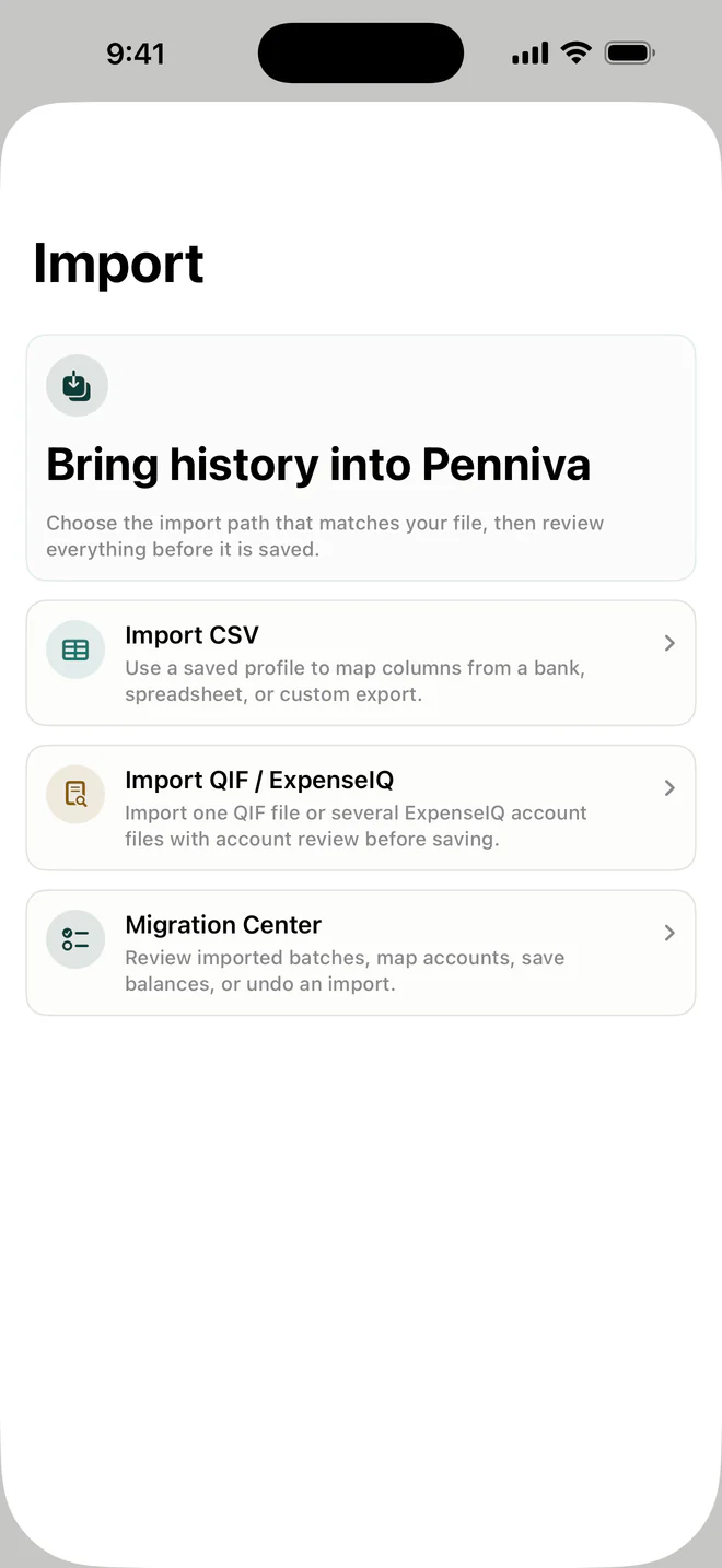 Penniva Import with CSV, QIF and Migration Center options