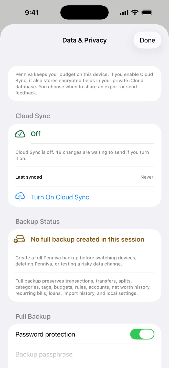 Penniva Data & Privacy with Cloud Sync off and Last synced set to Never