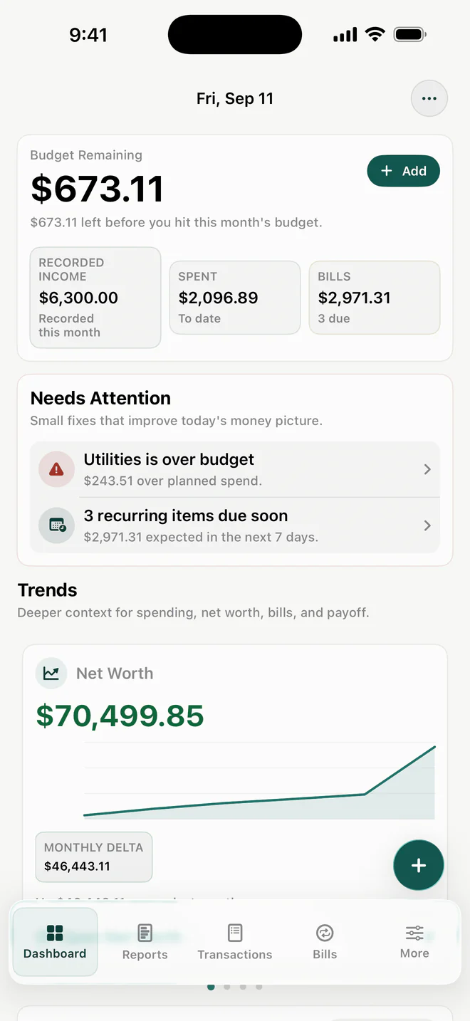 Penniva Today with budget remaining, recorded income, spending and upcoming bills using sample data