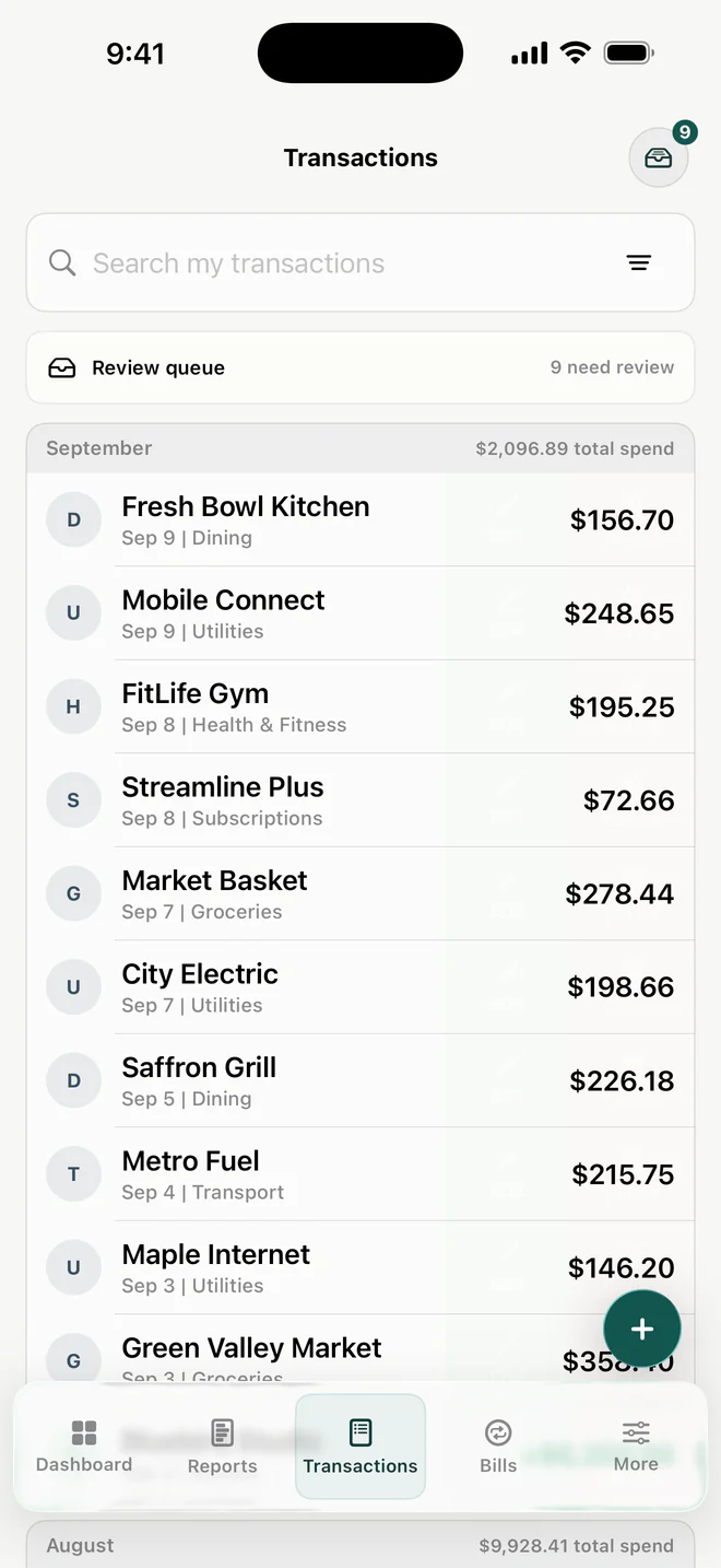 Penniva transaction list with payees, amounts, categories and review queue using sample data